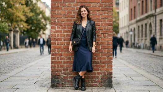 Woman wearing a black leather blazer over a silk slip dress with chunky platform boots against a red brick wall