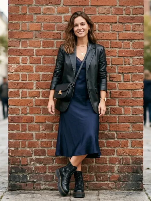 Woman wearing a black leather blazer over a silk slip dress with chunky platform boots against a red brick wall