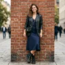 Woman wearing a black leather blazer over a silk slip dress with chunky platform boots against a red brick wall