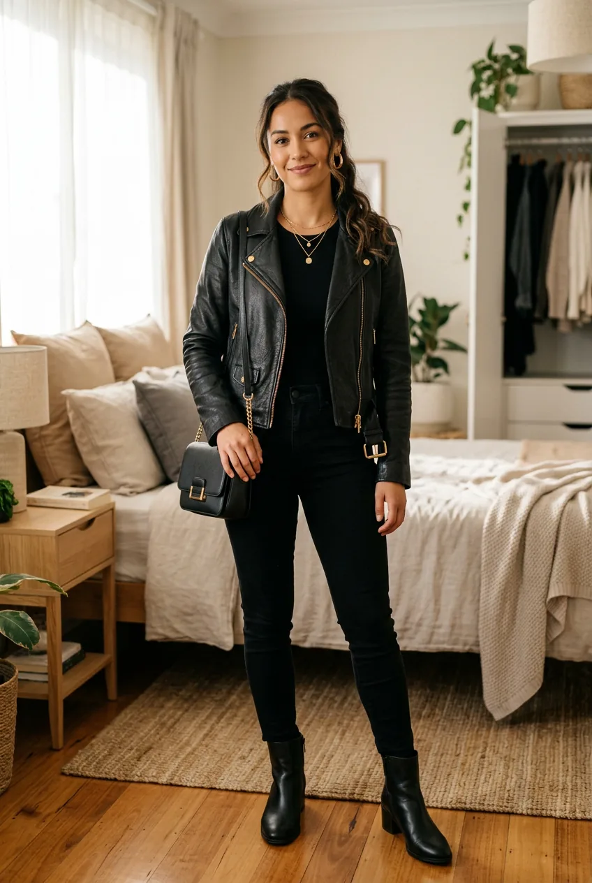 Woman in a complete leather jacket outfit with gold hoop earrings, layered necklace, and small structured crossbody bag in a softly lit bedroom