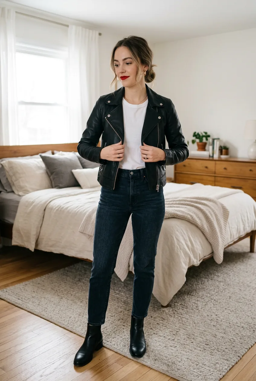 Woman in open black leather jacket with bold red lip and messy low bun, wearing white top and ankle boots in a sunlit bedroom