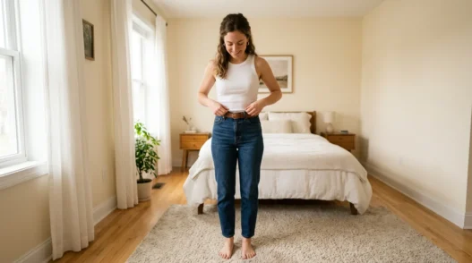 Woman in a softly lit bedroom wearing a fitted white ribbed tank tucked into high-waisted dark jeans, smoothing her top before adding outerwear