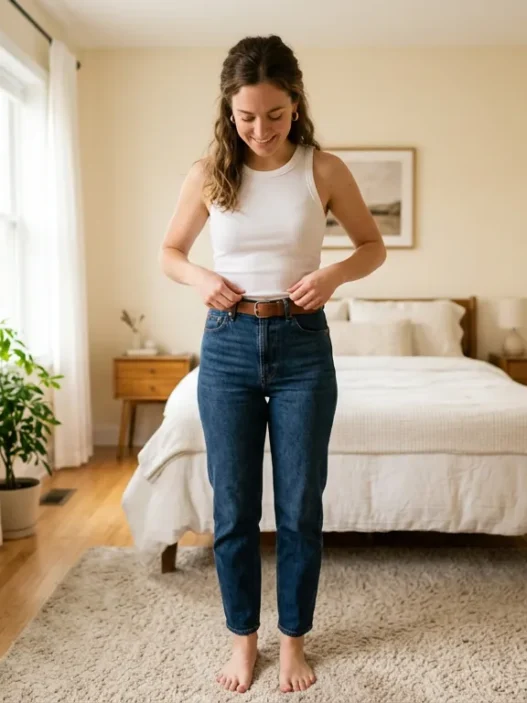Woman in a softly lit bedroom wearing a fitted white ribbed tank tucked into high-waisted dark jeans, smoothing her top before adding outerwear