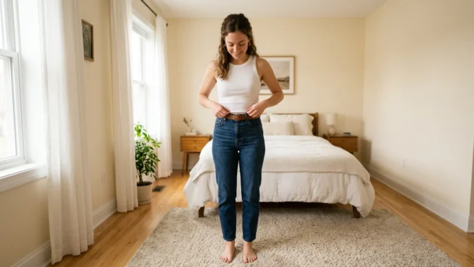 Woman in a softly lit bedroom wearing a fitted white ribbed tank tucked into high-waisted dark jeans, smoothing her top before adding outerwear