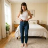 Woman in a softly lit bedroom wearing a fitted white ribbed tank tucked into high-waisted dark jeans, smoothing her top before adding outerwear