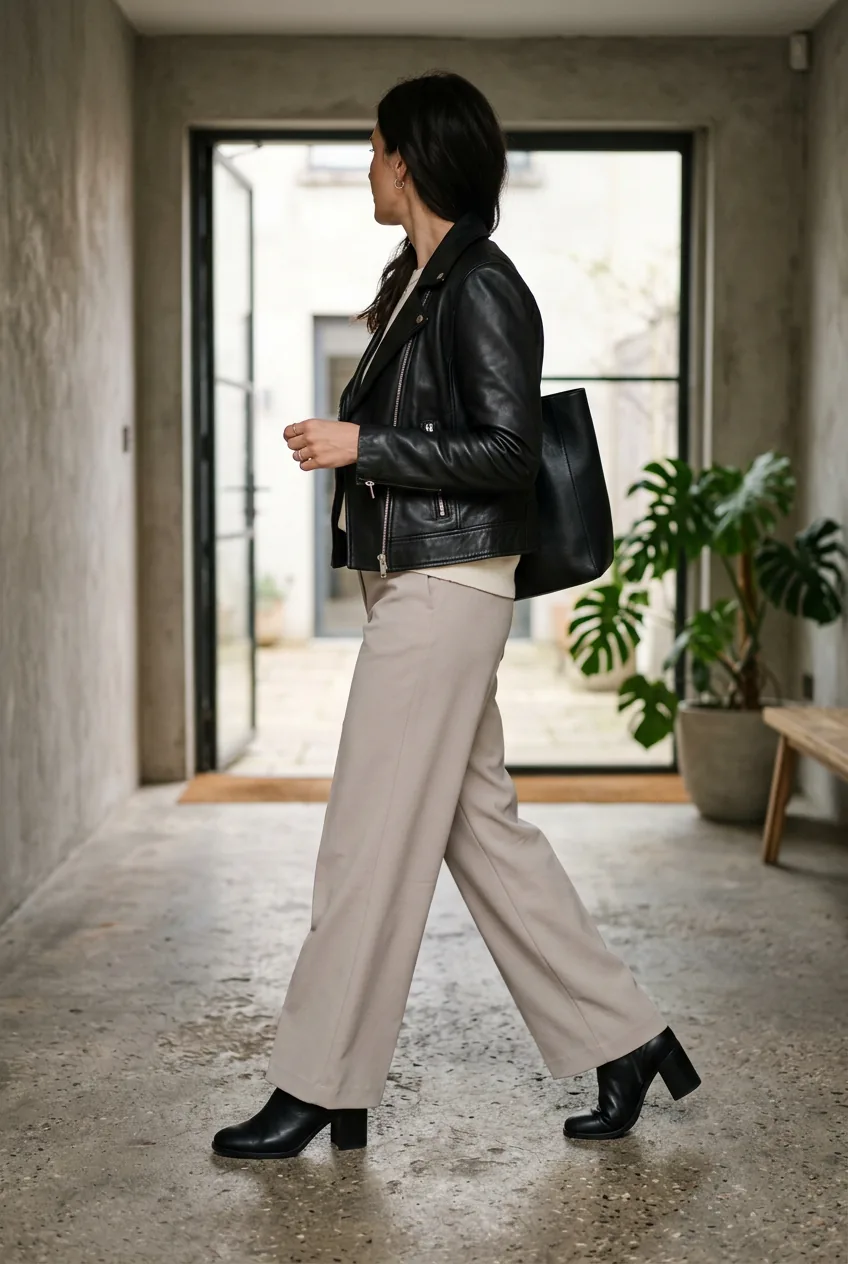 Full-length side view of woman in black leather jacket over wide-leg stone trousers with clean hip-level hem line