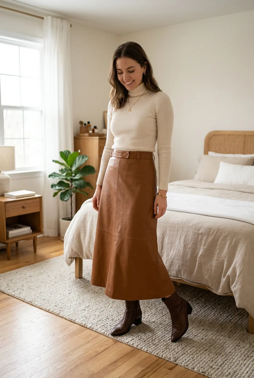 Woman in caramel leather midi skirt paired with pointed-toe ankle boots showing hem and footwear relationship