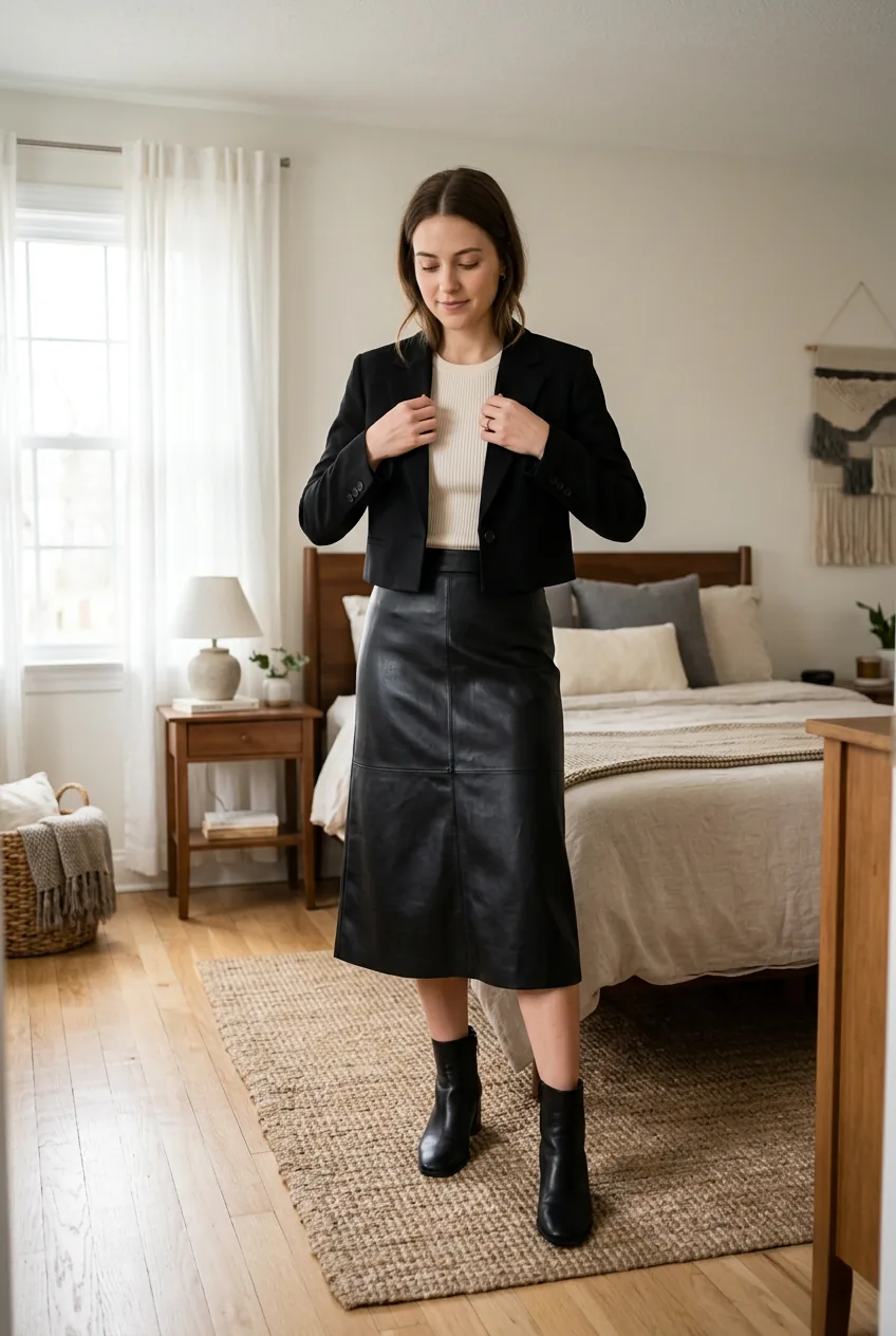 Woman in leather midi skirt wearing a cropped structured blazer over a fitted top, smoothing lapels