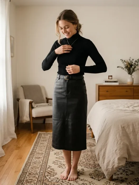 Woman in black leather midi skirt and ribbed turtleneck smoothing her top in softly lit bedroom, full body visible