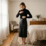 Woman in black leather midi skirt and ribbed turtleneck smoothing her top in softly lit bedroom, full body visible