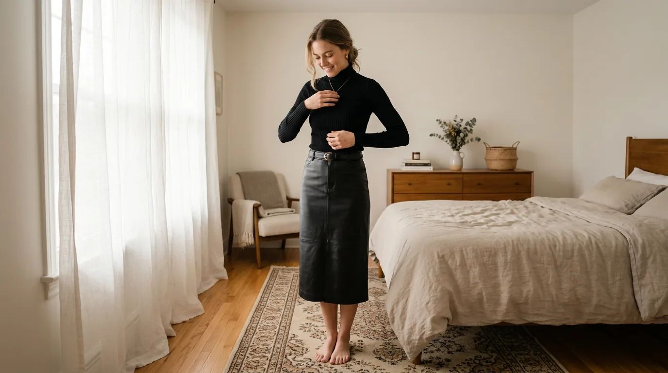 Woman in black leather midi skirt and ribbed turtleneck smoothing her top in softly lit bedroom, full body visible