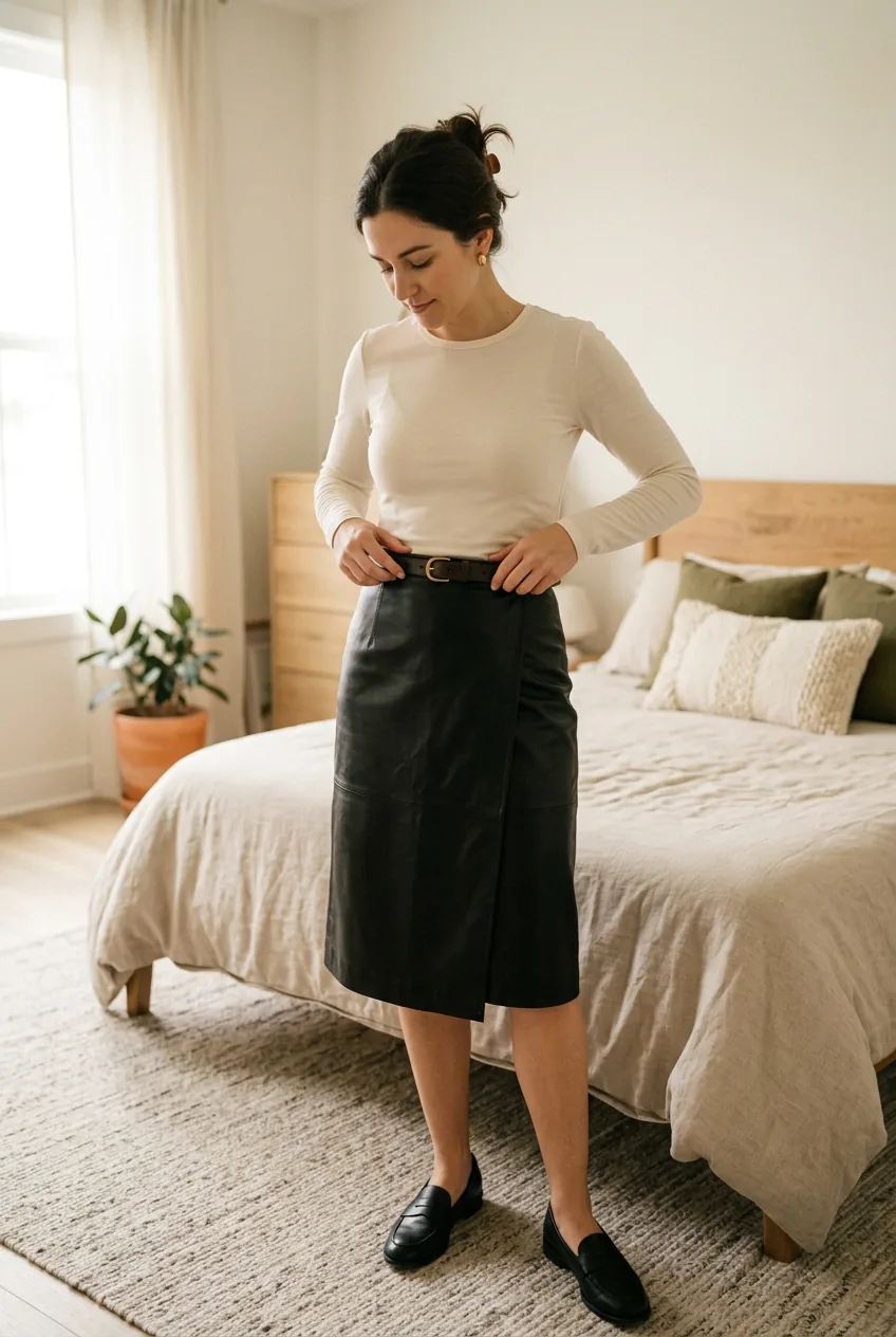 Woman in black leather wrap skirt with slim tucked blouse and thin belt defining the natural waist