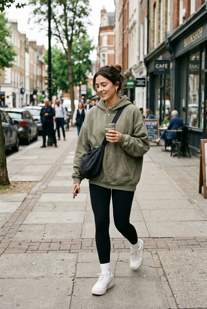 Woman wearing high-waisted black ribbed leggings and oversized dusty olive hoodie with white chunky sneakers on a city street