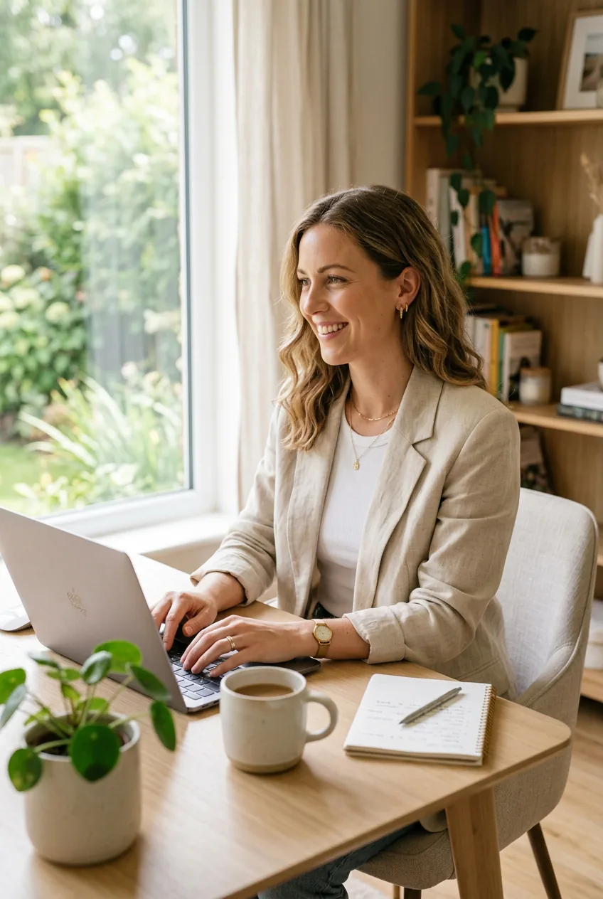 Woman wearing lightweight summer blazer in professional home office setting with bright window light