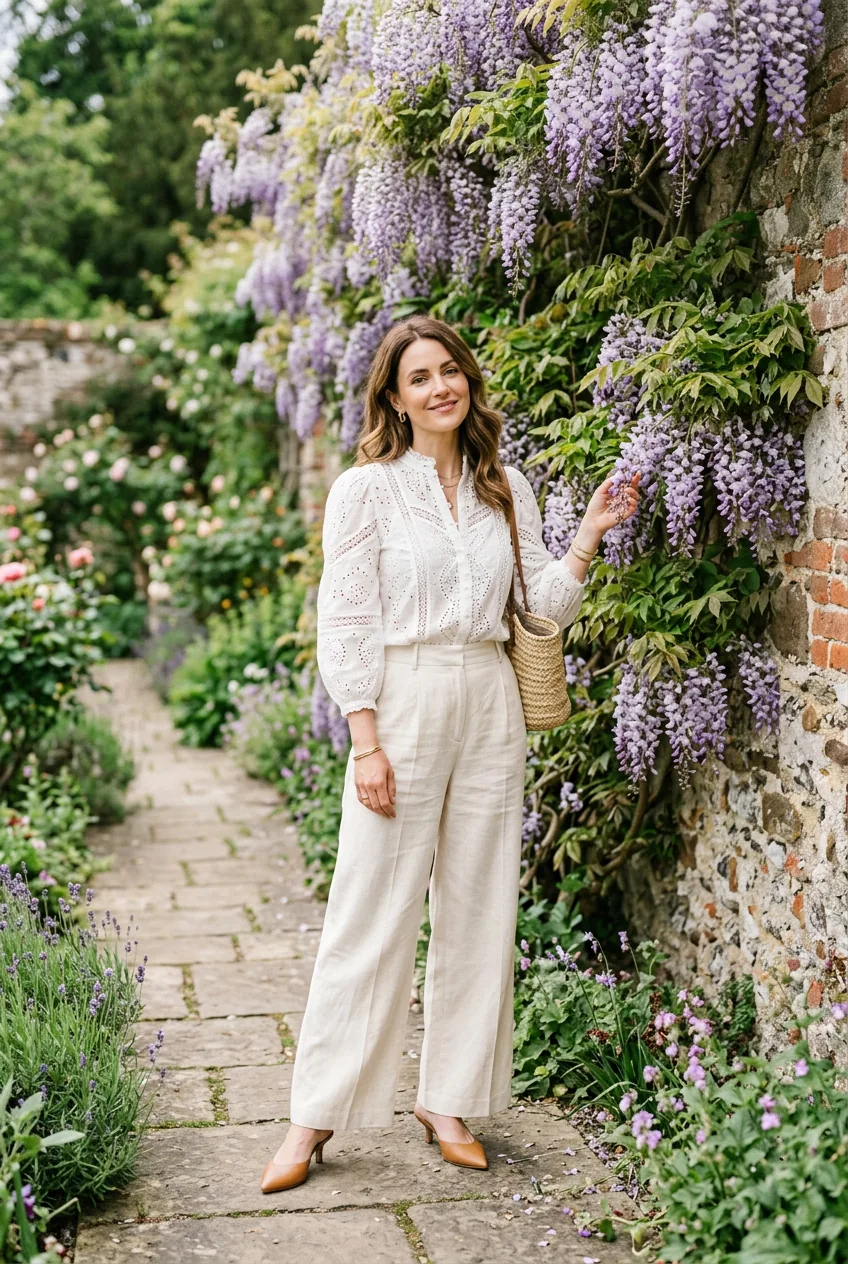 Woman in cream wide-leg linen trousers and broderie blouse standing by wisteria-covered garden wall