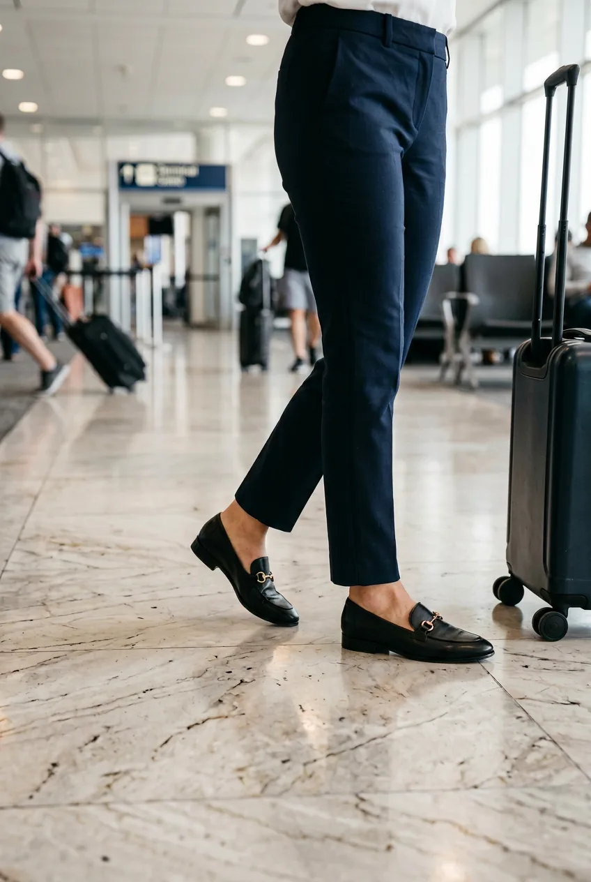 Close-up of woman wearing slim dark trousers and leather loafers at airport with carry-on wheel