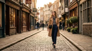 Woman in a stylish london outfit walking a warm European cobblestone street in soft late afternoon golden light
