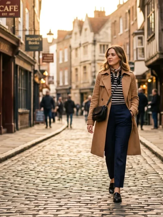 Woman in a stylish london outfit walking a warm European cobblestone street in soft late afternoon golden light