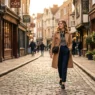 Woman in a stylish london outfit walking a warm European cobblestone street in soft late afternoon golden light