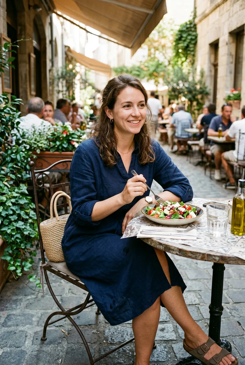 Woman sitting at outdoor cafe table in navy casual dress with visible small stain on skirt