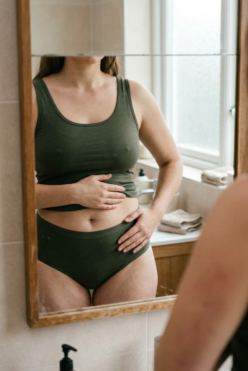 Mirror reflection of woman's torso showing hands positioned at natural waist measurement points