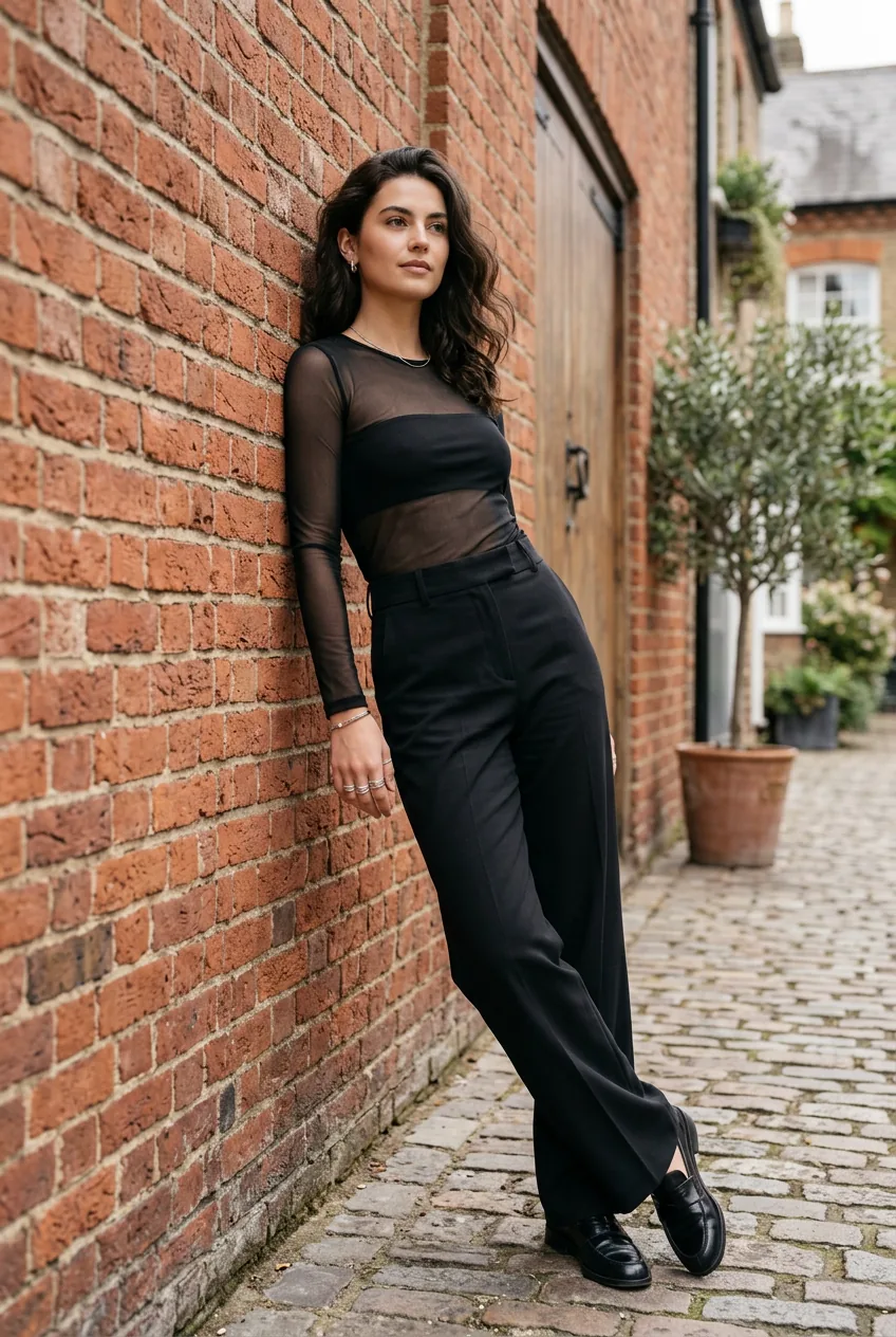 Woman in wide-leg black trousers and sheer mesh top with silver stacked rings leaning against a red brick wall