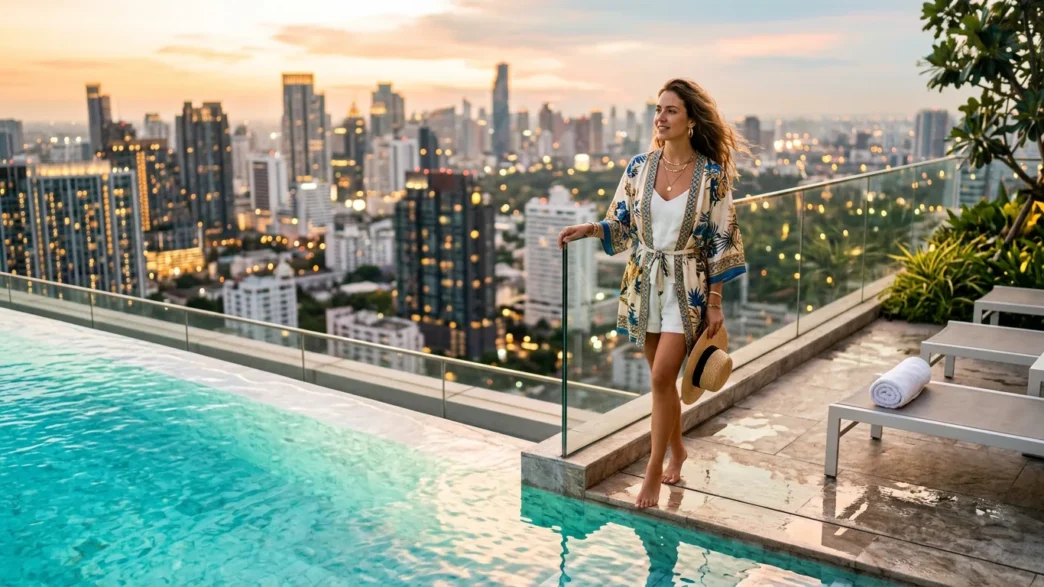 Woman in elegant summer coverup by rooftop pool with Miami skyline and turquoise water backdrop