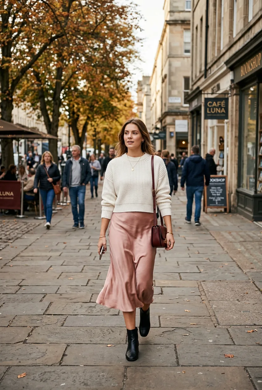 Woman in blush satin midi skirt and cropped cream knit sweater with black ankle boots carrying burgundy bag
