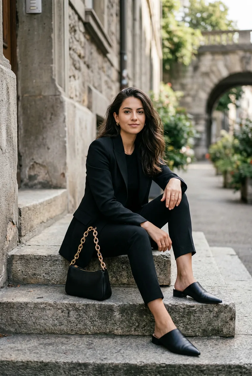 Woman in structured black blazer and slim trousers with chain bag sitting on concrete steps in soft morning light