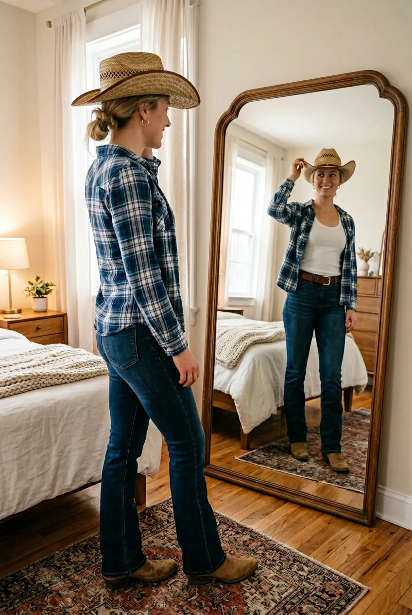 Woman checking side profile of cowgirl outfit in full-length bedroom mirror showing bootcut jeans breaking over suede boots