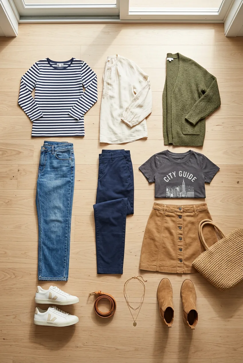 Multiple casual clothing pieces arranged showing mix and match possibilities with tops and bottoms