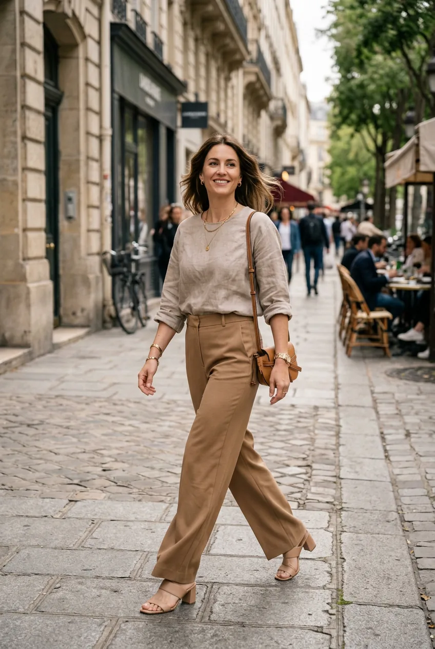 Woman in tonal sand-and-tan monochrome outfit with wide-leg trousers and nude block heels walking on city street