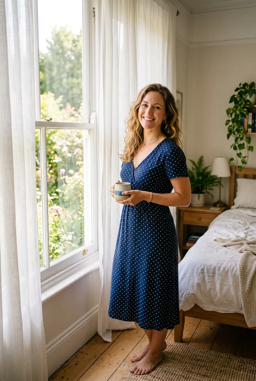 Woman in navy polka dot casual frock standing by bedroom window in soft morning daylight