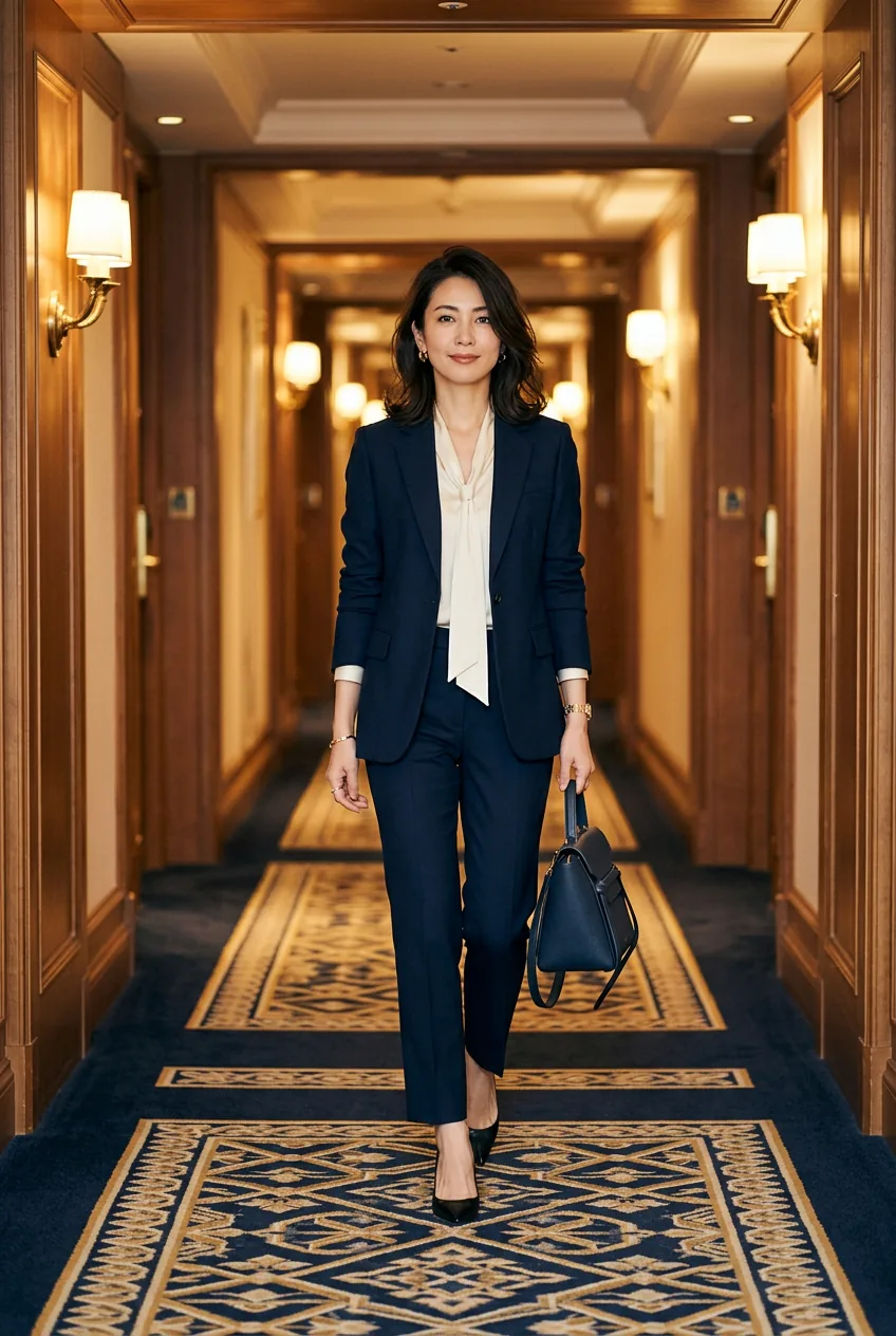 Woman in a perfectly fitted navy blazer with cream silk blouse and matching navy ankle trousers holding a leather handbag