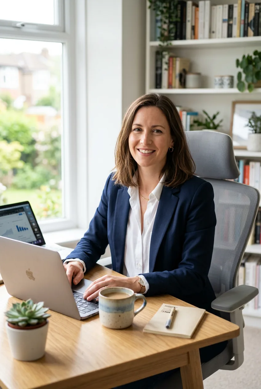 Woman wearing navy blazer over white button-down shirt at home office desk with natural lighting