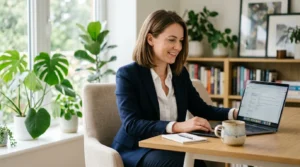 Woman at home office desk wearing navy blazer over white button-down shirt in professional corporate uniform style