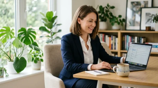 Woman at home office desk wearing navy blazer over white button-down shirt in professional corporate uniform style