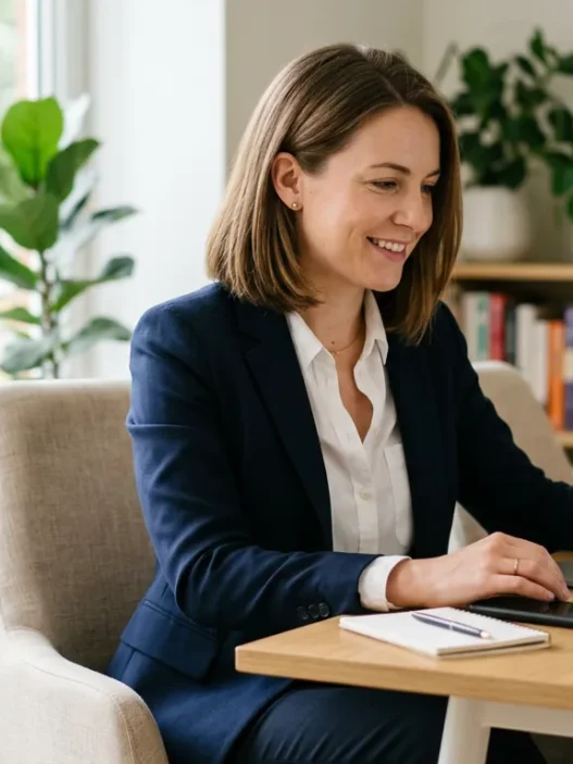 Woman at home office desk wearing navy blazer over white button-down shirt in professional corporate uniform style