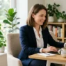 Woman at home office desk wearing navy blazer over white button-down shirt in professional corporate uniform style