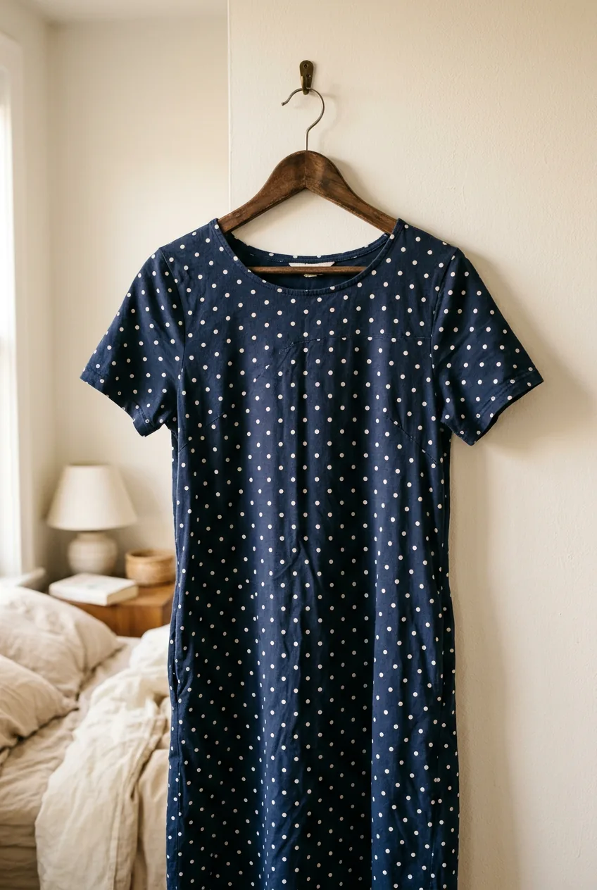 Navy polka dot dress hanging on wooden hanger showing subtle wrinkles from day of wear