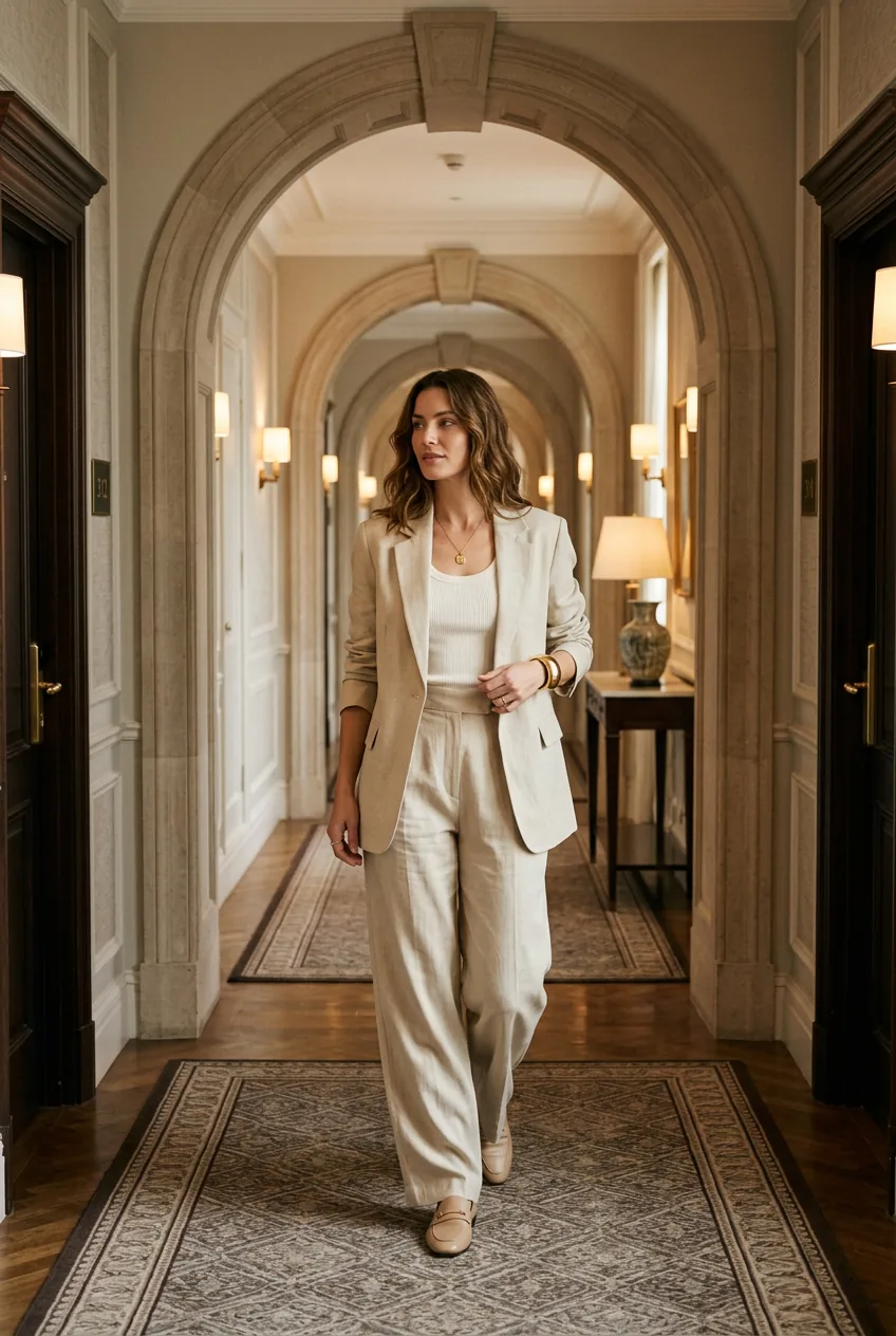Woman wearing an oat-colored matching blazer and wide-leg trouser set with a gold cuff in a hotel hallway
