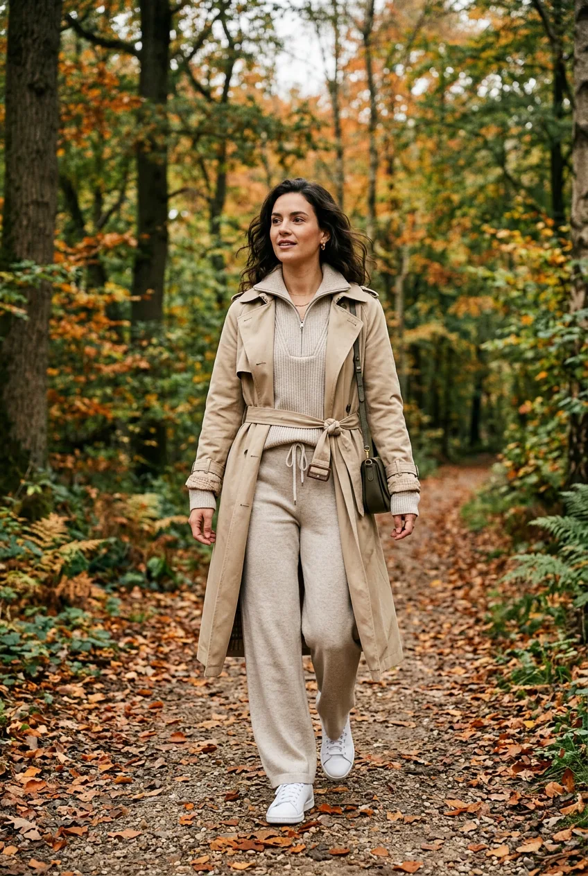 Woman in oatmeal sweatpants, ribbed quarter-zip, and belted trench coat with white sneakers on a leaf-scattered forest path