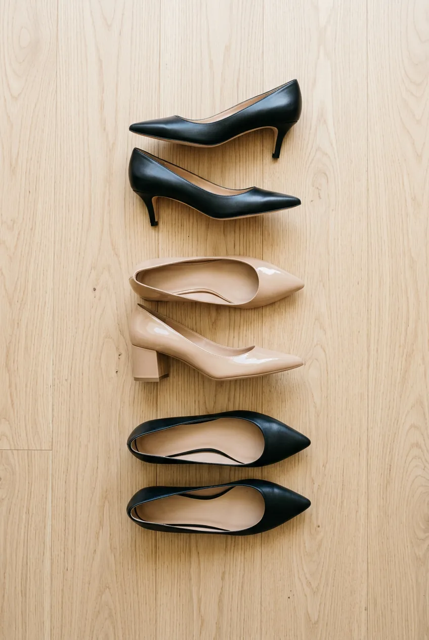 Overhead flat lay of three pairs of pointed-toe women's office shoes in a row on light wood floor