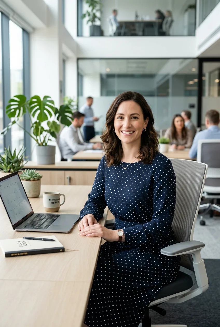 Professional woman in polka dot casual frock sitting at modern office desk in bright lighting