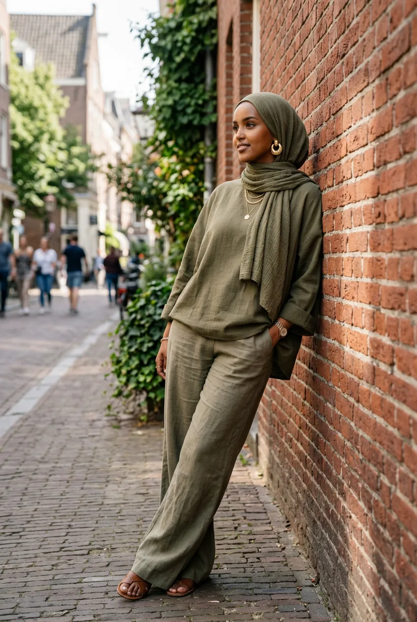 Woman in olive oversized top and wide-leg trousers with matching hijab and gold hoop earring against red brick wall