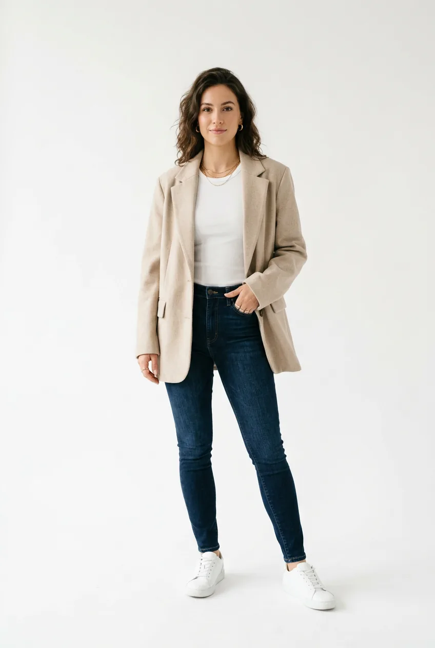 Woman wearing oversized beige blazer over fitted white tank and dark jeans with sneakers