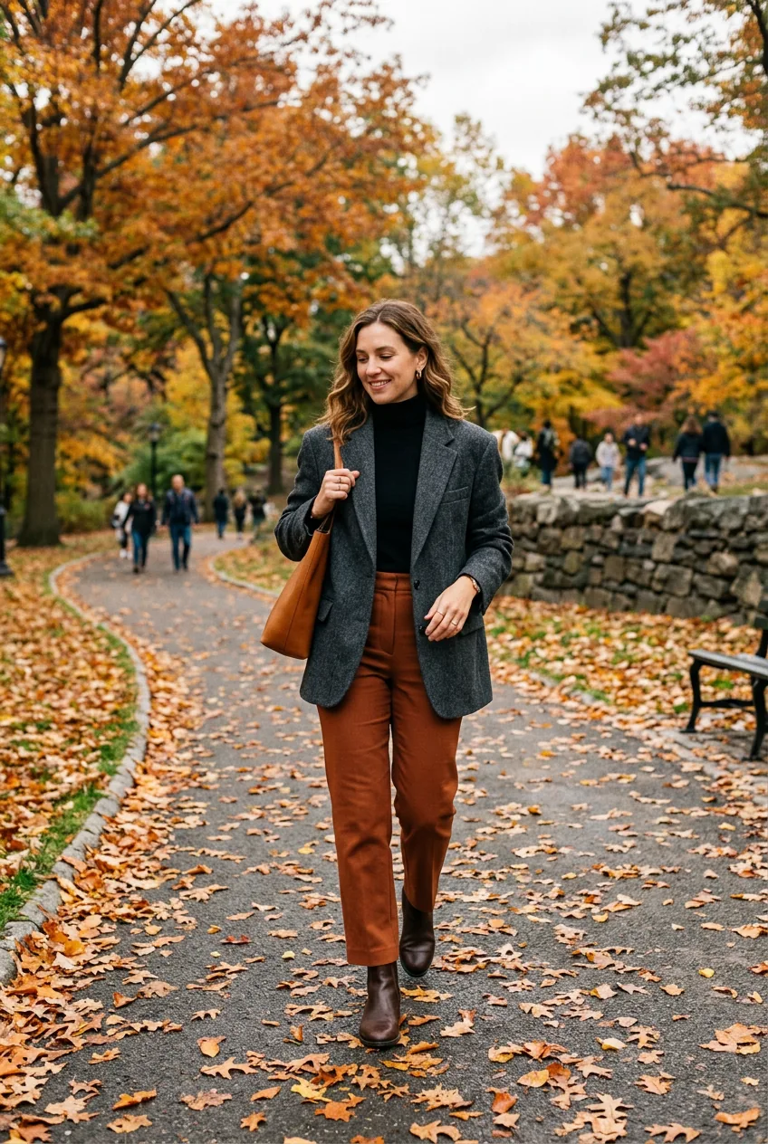 Woman in a city park wearing an oversized grey wool blazer over a black turtleneck with rust straight-leg trousers and Chelsea boots