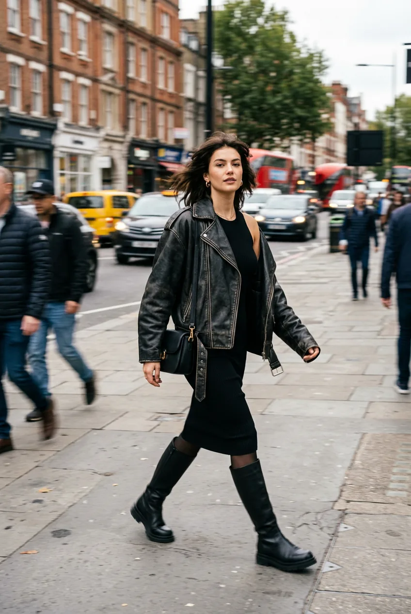 Woman in oversized black leather jacket draped off shoulder over black dress with knee-high boots walking on city sidewalk