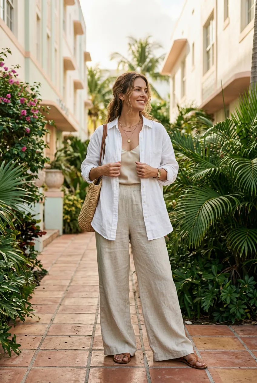 Woman wearing oversized white linen shirt over silk camisole with loose wide-leg linen pants in humid weather