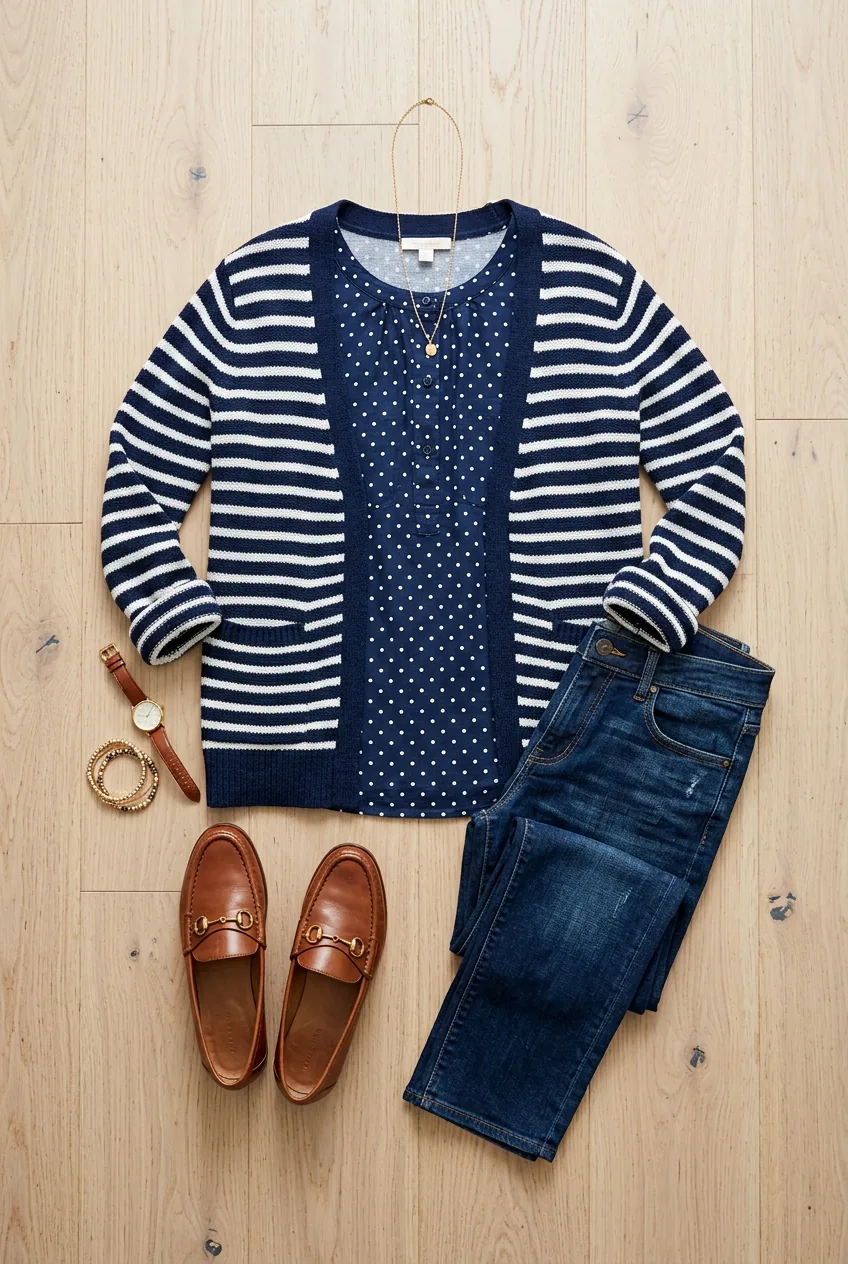 Pattern mixed outfit showing polka dot blouse with striped cardigan and dark jeans on wood surface